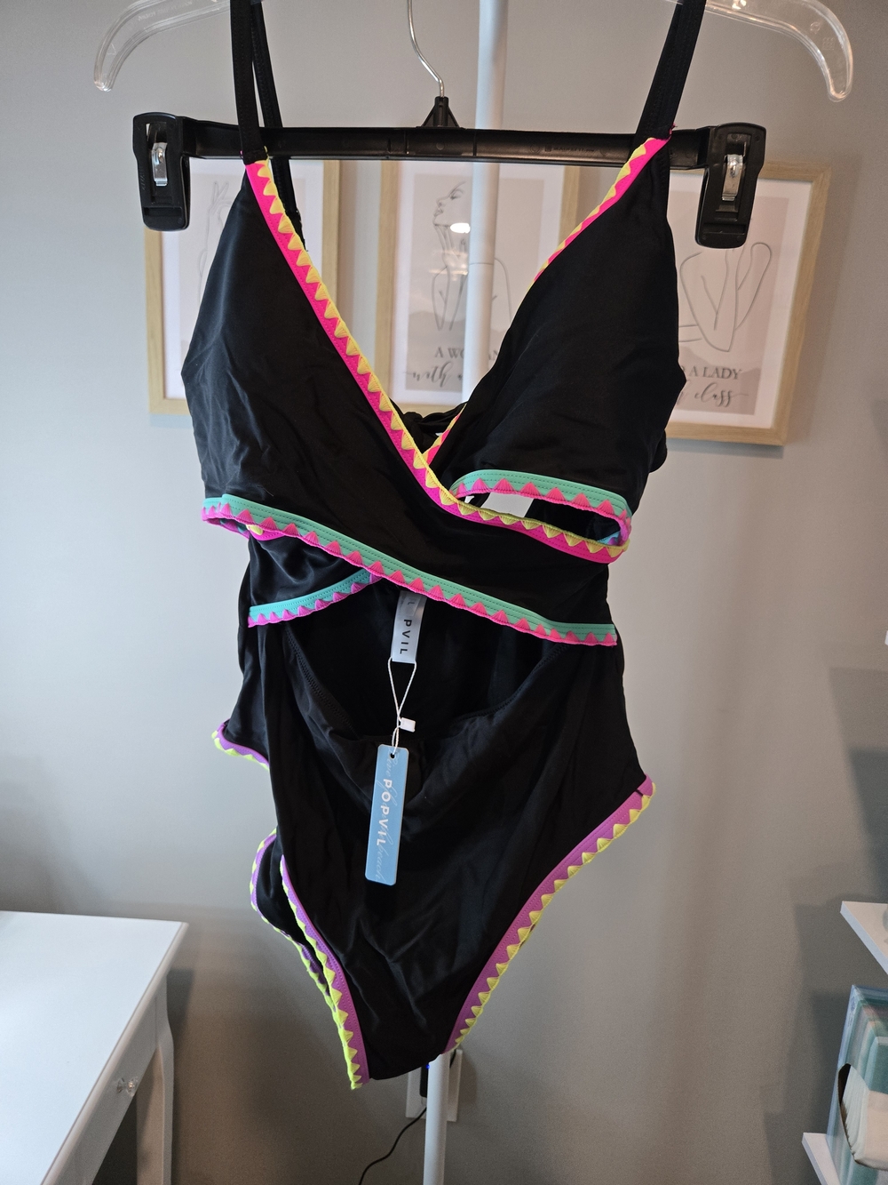 🌞⛱️👙 New Black One-Piece Swimsuit with Neon Pink & Lime Trim